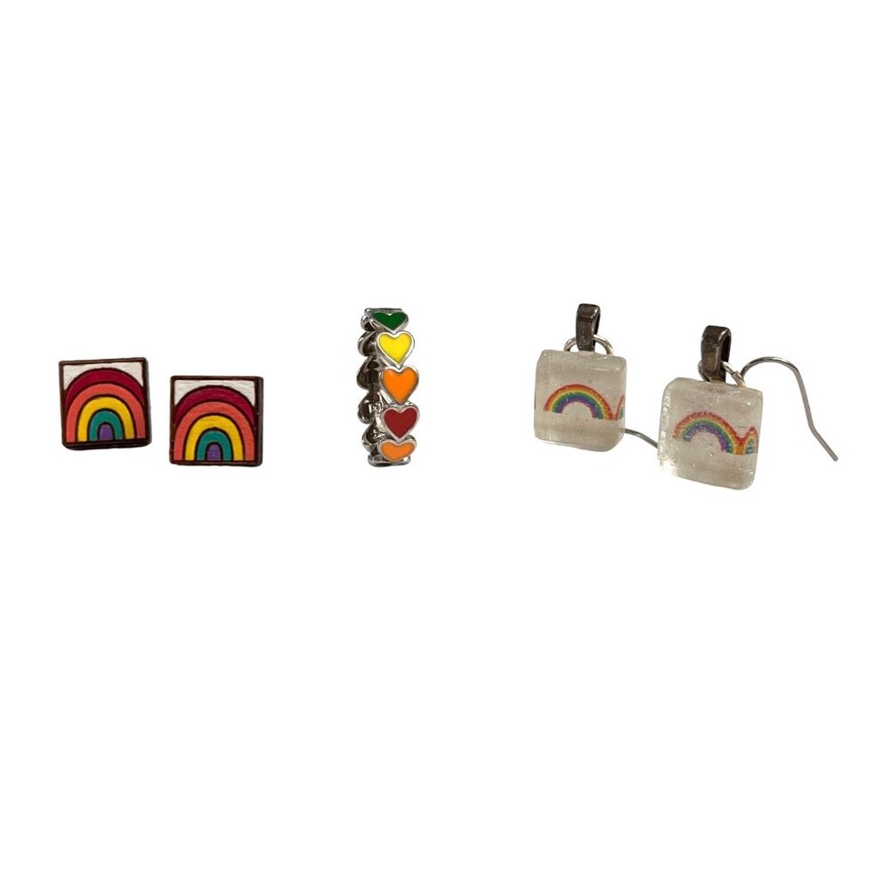 Adorable 3 Piece Set Rainbow Pride Earrings Ring Pura Vida LGBTQ - Picture 3 of 9